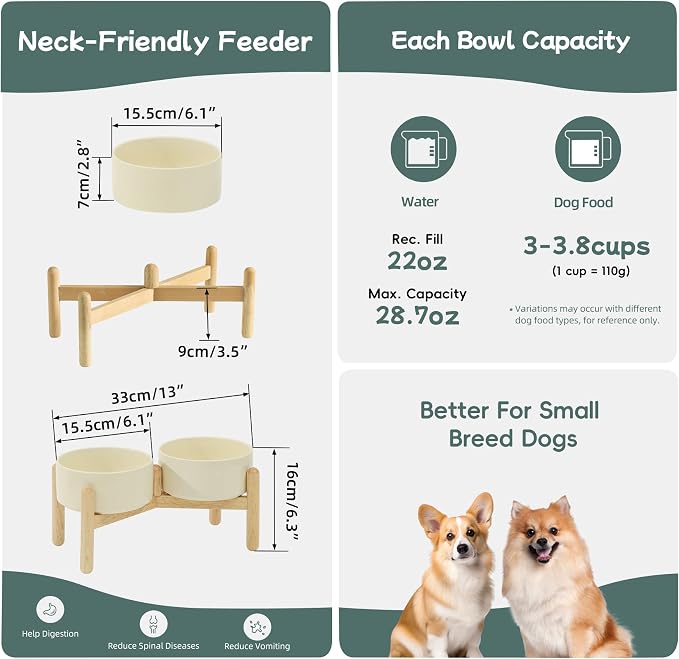 Havniva Elevated Dog Bowls Ceramic Dog Bowls with Stand, Dog Food Bowl | 6.1” Raised Dog Bowls with Non-Slip Wood Stand, Dog Food and Water Bowl Set, Double Dog Feeding Bowls for Small & Medium Dogs