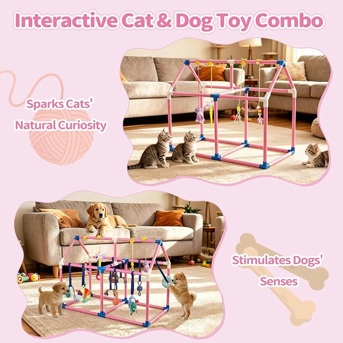 Liitrton Puppy Play Gym for Small Dogs & Kittens, Large PVC Pink Frame | Indoor Puppy Jungle Gym with 14 Hanging Enrichment Toys, Reduce Puppy & Cats Boredom