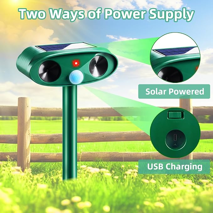 2 Pack Solar Ultrasonic Animal Repeller Outdoor - Sonic Fortress Pro Deer Repellent Weatherproof with Motion Sensor & USB Charging,Deter Cats,Squirrels,Racoons,Rabbits,Skunks Humanely for Yard Garden