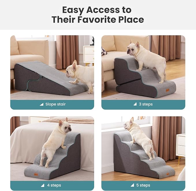 Gardner Pet Dog Stairs for Small Dogs 16.5" H, 2 in 1 Transformable 3-Step Pet Stairs and Dog Ramp for Couch (13-20 in), Grey Adjustable Pet Steps with Zipper
