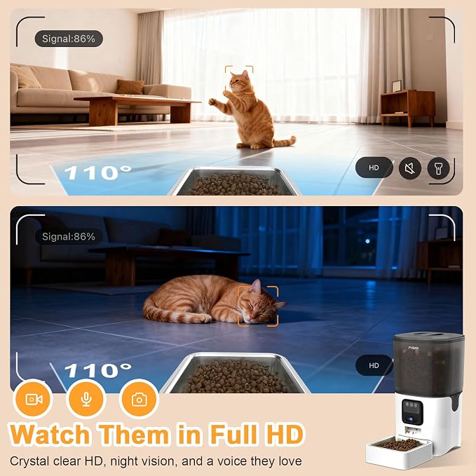Automatic Cat Feeder with Camera, 1080P HD Video with Night Vision, 2.4G WiFi Pet Feeder for Cat & Small Dog, 2-Way Audio & Meal Call Pet Food Dispenser, Motion Capturing Auto Dog Feeder 6L