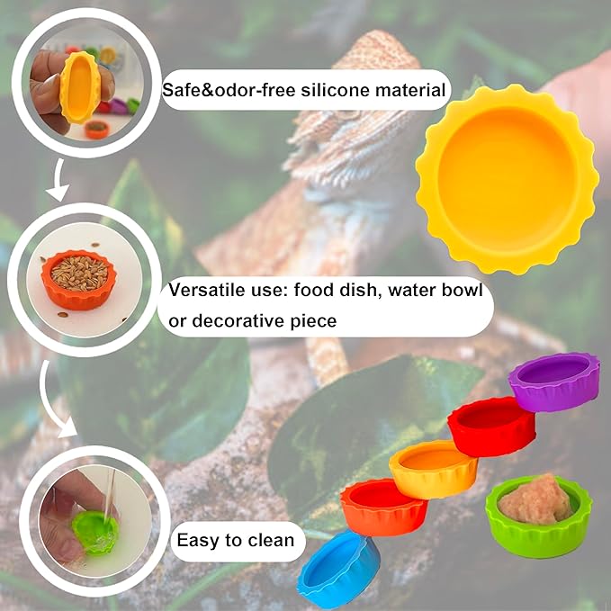 Meow&Woof Crested Gecko Food and Water Feeding Cups, Reptile Food Dish, 6 Pack Colorful Water Bowl for Bearded Dragon Tank Terrarium Accessories Supplies for Tortoise, Crab and Small Pet