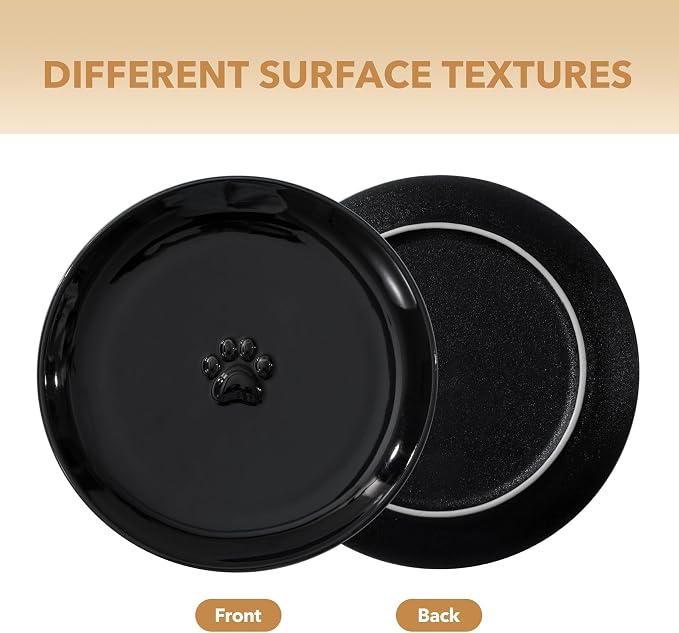 Havniva Elevated Cat Bowls, Cat Food and Water Bowl Set, Ceramic Cat Bowl | Raised Cat Food Bowls, Whisker Friendly, 5.6” Shallow Cat Dishes + 6” Wide Cat Plates, Non-Slip Wood Stand, Two Heights