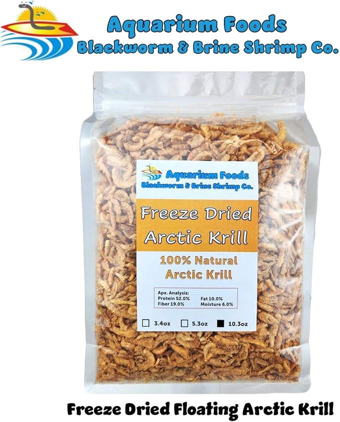 Aquatic Foods Inc. Arctic Krill, Floating Freeze Dried Krill for Tropical Fish, Marine Fish, Cichlids, Catfish, Pond Fish, Aquatic Turtles, Land Turtles, Hamsters, Rodents, Reptiles…10.3oz Clear Bag