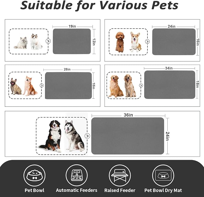 HotLive Dog Food Mat - Absorbent Cat Mat for Food and Water, No Stains Pet Feeding Bowl Mat, Easy to Clean Pet Placemats, Quick Dry Dog Water Dispenser Mat for Messy Drinkers | Dark Grey 16"x 24"