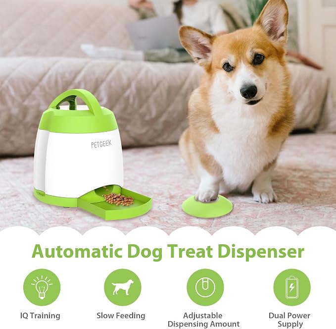 PETGEEK Dog Food Dispenser Toy, Interactive Pet Toys Treat Dispensing for IQ Training, Automatic Dog Treat Dispenser with Button Remote Push, Dual Power Supply for Indoor Outdoor Use, Green Color | Automatic Food Dispenser, Dual Power Supply, Remote Bu...