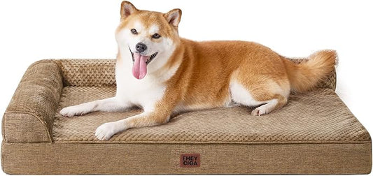 EHEYCIGA Memory Foam Dog Bed Large Size Dogs, Orthopedic Dog Bed Large with Washable Removable Cover, Waterproof Pet Sofa Couch with Nonskid Bottom, 36x27x6, Camel | Washable Removable Cover, Waterproof Flat Pet Sofa Couch with Nonskid Bottom, 36x27x6