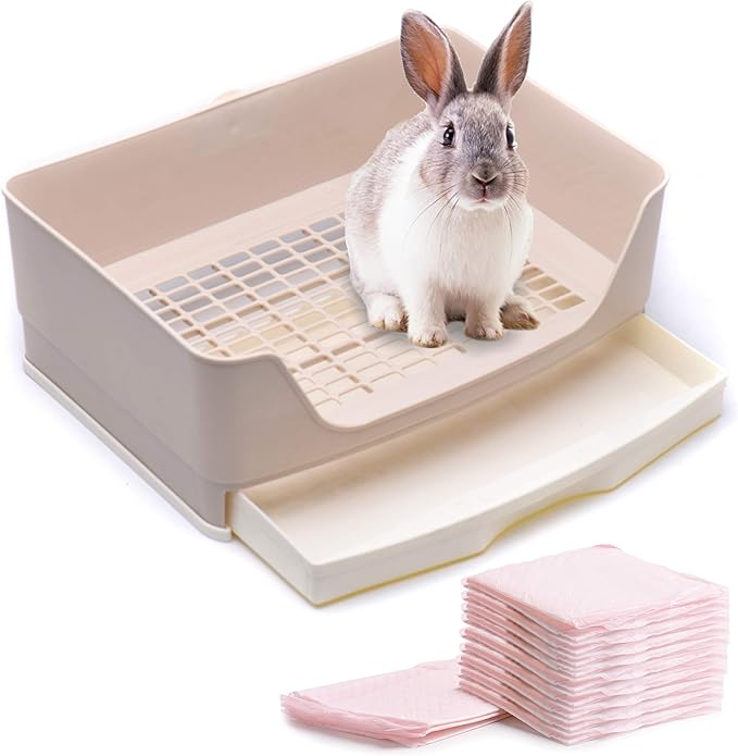 CalPalmy Large Rabbit Litter Box with 10PCS Bonus Pads, Bunny Corner Toilet Box with Drawer and Bigger Pet Pan for Adult Guinea Pigs, Chinchilla, Ferret, Galesaur, Small Animals