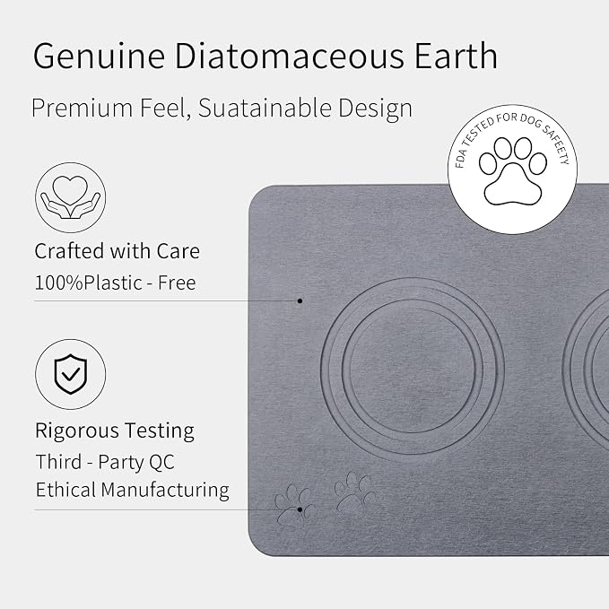 Diatomite Stone Pet Feeding Mat for Dog Cat Super Absorbent Diatomite Quick Drying Stone Dog Food Mat, Dog Mats for Food and Water with Non-Slip Station, Fast Dry Pet Mats, Deep Grey
