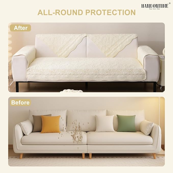 HANDONTIME Cotton Couch Cover for Dogs Breathable & Pet-Friendly Sofa Cover, Embroidery Dog Couch Cover Elegant Floral Quilted Slipcover, Non-Slip Washable Furniture Protector (Ivory, 35.4" x 63)