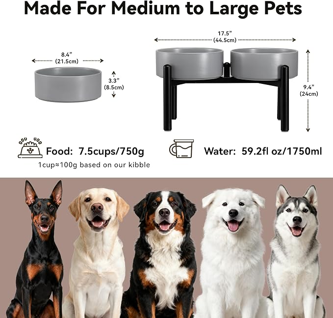Raised Ceramic Dog Bowl Set with Stand, 7.5 Cups Elevated Dog Food Stand | 8.4'' Double Dog Food and Water Bowl Set, Non-Slip Dog Feeding Dishes for Small Breeds and Cats, 59.2 OZ, Grey