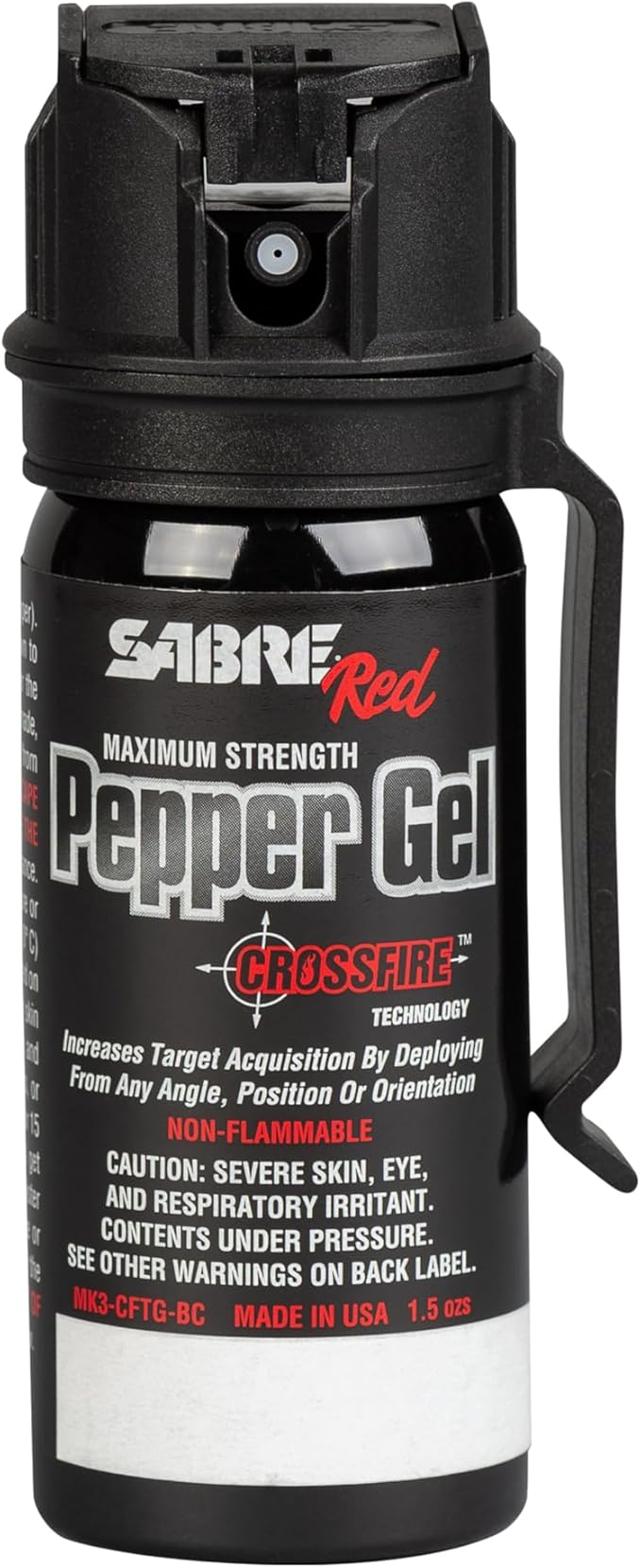 Gel poivre SABRE Crossfire, déploiement sous tous les angles, maximise l'acquisition de cible contre de multiples menaces, clip de ceinture pour un transport facile, couvercle rapide, OC puissance maximale, option spray au poivre 44 ml