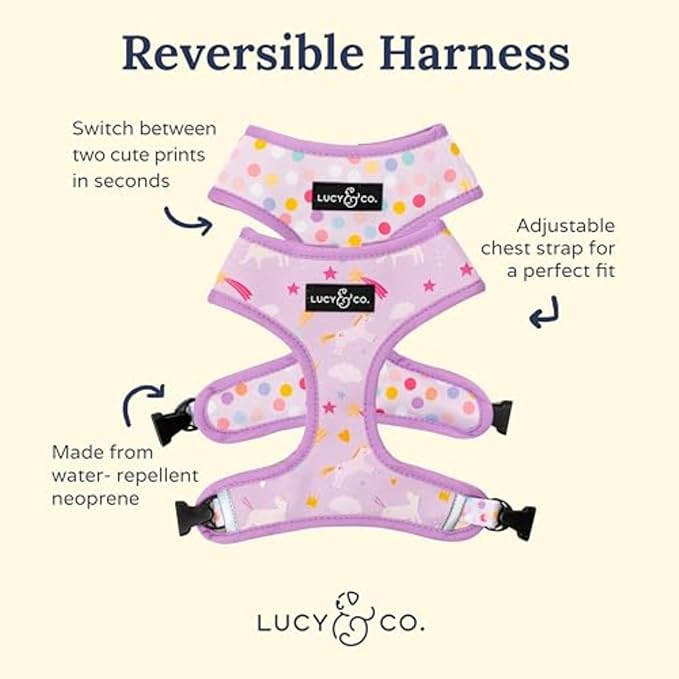 Lucy & Co. Reversible Dog Harness - Water-Repellent Neoprene, Dual-Print Design, Easy Swap Style, Adjustable Comfort Fit - Making Magic Reversible Harness - X-Small
