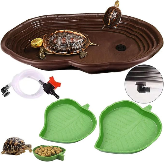 3PCS Tortoise Water Bowl with Ramp Leaf Tortoise Water Food Dish Turtle Pool Tortoise Bathing Pool Reptile Water Dish Large Soaking Dish Box Turtle Habitat Accessories (with Drainage Pipe)
