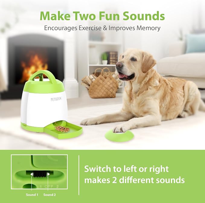 PETGEEK Dog Food Dispenser Toy, Interactive Pet Toys Treat Dispensing for IQ Training, Automatic Dog Treat Dispenser with Button Remote Push, Dual Power Supply for Indoor Outdoor Use, Green Color | Automatic Food Dispenser, Dual Power Supply, Remote Bu...