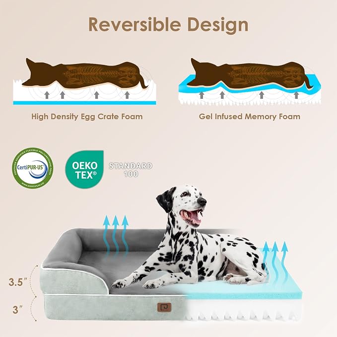 EHEYCIGA Orthopedic Dog Beds Large Sized Dog, Waterproof Washable Pet Bed | Non-Slip Bottom and Egg-Crate Memory Foam XL Dog Couch Bed with Washable Removable Cover, Greyish Green