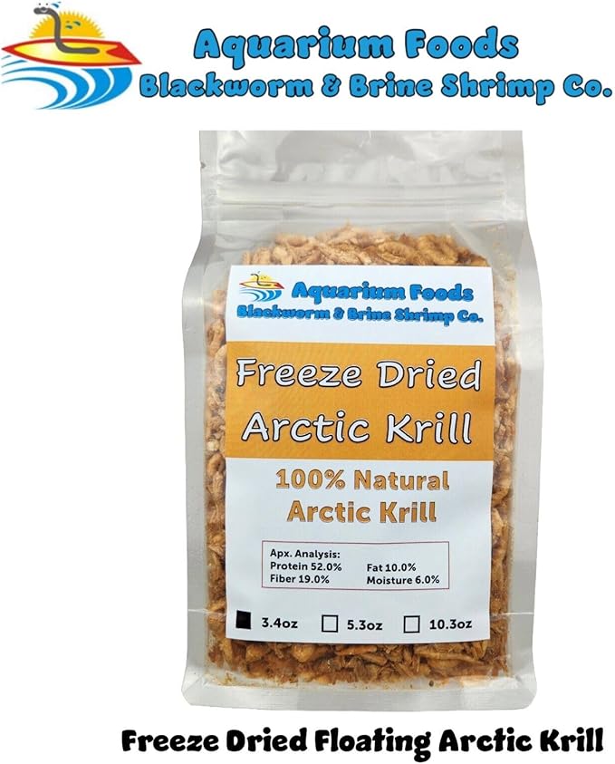 Aquatic Foods Inc. Arctic Krill, Floating Freeze Dried Krill for Tropical Fish, Marine Fish, Cichlids, Catfish, Pond Fish, Aquatic Turtles, Land Turtles, Hamsters, Rodents, Reptiles…3.4oz Clear Bag