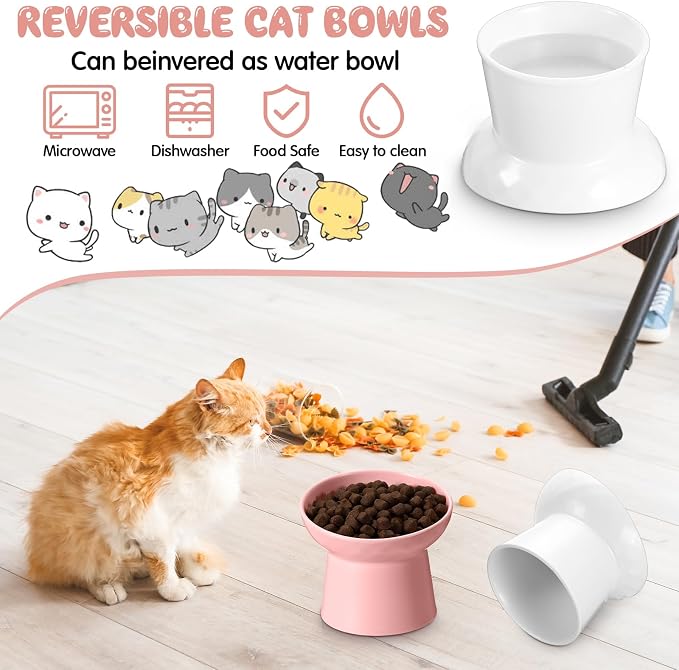 4 Pcs Ceramic Raised Cat Bowls, Elevated Tilted Cat Bowl for Food Water, Stress Free, Backflow Prevention, Dishwasher Microwave Safe, Feeder Dish for Indoor Kitten, Small Dogs(White and Pink)