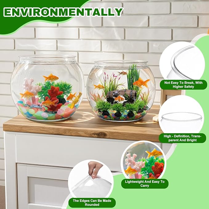 Cinnvoice 521 Pcs Plastic Fish Bowls Starter Kit, 2 Gallon & 0.27 Gallon Round Shatterproof Aquarium with Luminous Stones, Artificial Plants, Decor for Betta Goldfish, Small Fish Tank for Office