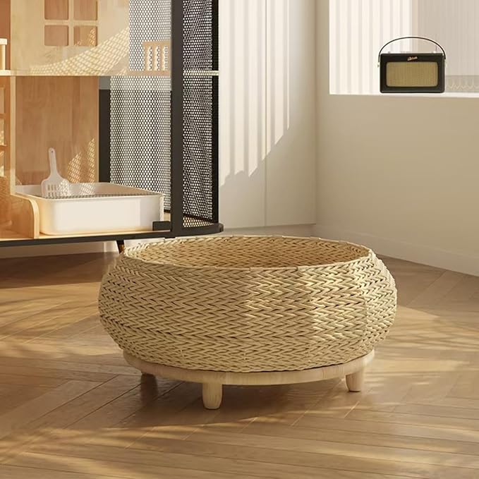 SHENGOCASE Extra Large Handwoven Paper Rope Wicker Rattan Pet Cat Dog Nest Basket Bed, Elevated Couch with Wooden Base, Cozy Cushion for Maine Coon, Indoor