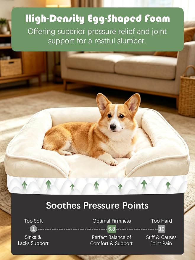 Spotted Play Orthopedic Dog Bed with Sides - Sofa Beds for Medium Dogs, Supportive Foam Pet Couch Bed with Washable Removable Cover, Waterproof Lining and Non-Slip Bottom, Ivory - M