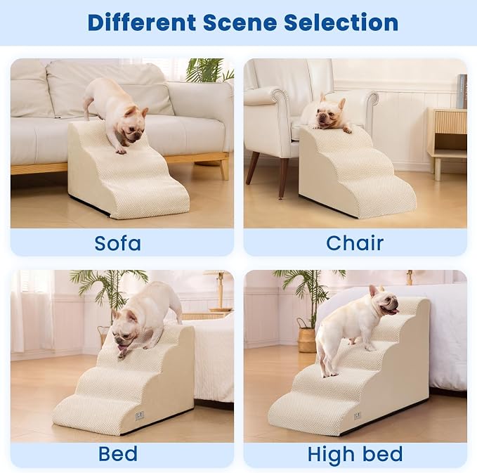 Dog Stairs for Small Dogs & Cats,3 Steps Non-Slip Pet Ramp for Couch,15.7"H | Airpanda Pet Stairs with Washable Cover & High-Density Foam,Gentle Curved Design,Ideal for Senior & Short-Legged Dogs,Beige
