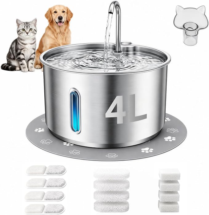 Stainless Steel Cat Water Fountain, 4L Quiet Pet Fountain for Cats & Dogs | Dog Water Fountain, 135oz Large Capacity, Small Dogs, USB Powered, 3 Flow Options, Triple Filtration, 4 Filters & 4 Sponges
