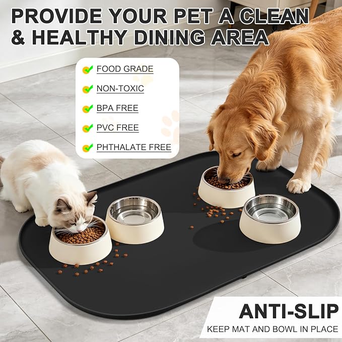 SMILOOL Waterproof Silicone Pet Food Mat with Raised Edge for Dog & Cat | 36" x 24" Non-Slip Large Pet Feeding Mats with Lip for Food & Water Bowl, Food Grade, Easy Cleaning, Black