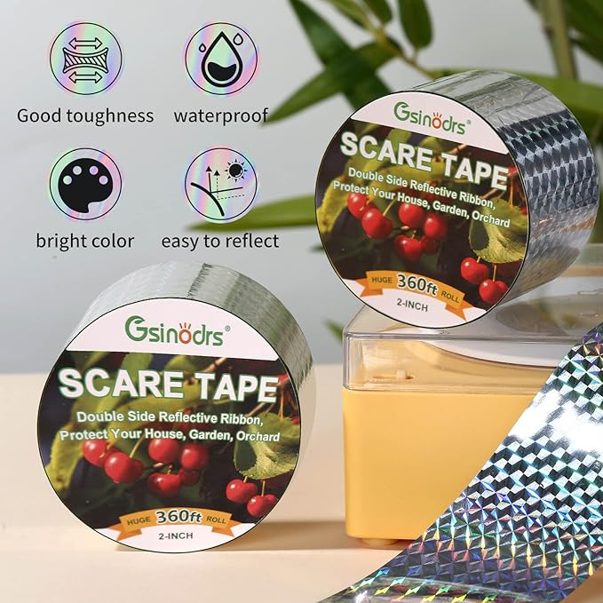 Bird Tape Repellent - Double Reflective Tape Ribbon, Bird Scare Tape, Effective Against Birds and Animals, Ideal for Gardens, Orchards, Farms and Outdoor Areas(2IN * 360FT)