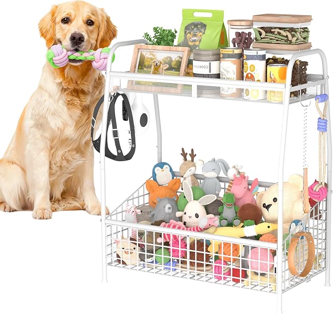 Kaiferty Indestructible Large Dog Toy basket, Toy Box for Dogs,Pet Toys Bin Dog Metal Wire Basket for Toys, Food Storage, Storage Organizer Chest Storage, Toy Box for Living Room Area (White)