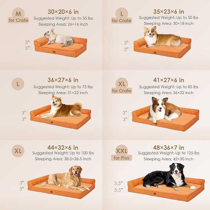 EHEYCIGA Memory Foam Dog Bed for Crate, Large Orthopedic Dog Bed, Pumpkin | Washable Removable Cover, Waterproof Flat Pet Sofa Couch with Nonskid Bottom, 36x27x6