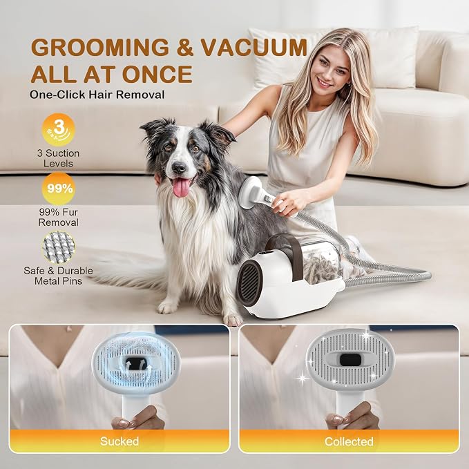 Dog Grooming Vacuum, Dog Grooming Kit with Pet Clipper Nail Grinder, 3 Suction Modes Dog Brush Vacuum with 6 Pet Grooming Tools（Rust）