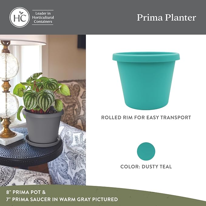 The HC Companies 16 Inch Prima Round Planter Pots with Drainage Holes and Rolled Rim, Lightweight UV-Resistant Plastic Indoor & Outdoor Planters, 2-Pack Flower Pots for Garden & Home Decor, Dusty Teal