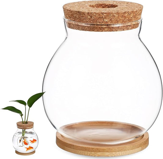 Milisten Desktop Fish Tank Small Glass Fish Bowl with Bamboo Cushion and Wood Lid Hydroponic Plant Terrarium Betta Aquarium for Home Office Decoration