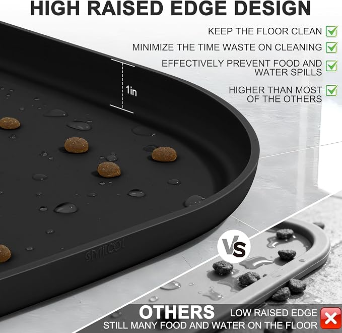 SMILOOL Waterproof Silicone Pet Food Mat with Raised Edge for Dog & Cat | 36" x 24" Non-Slip Large Pet Feeding Mats with Lip for Food & Water Bowl, Food Grade, Easy Cleaning, Black
