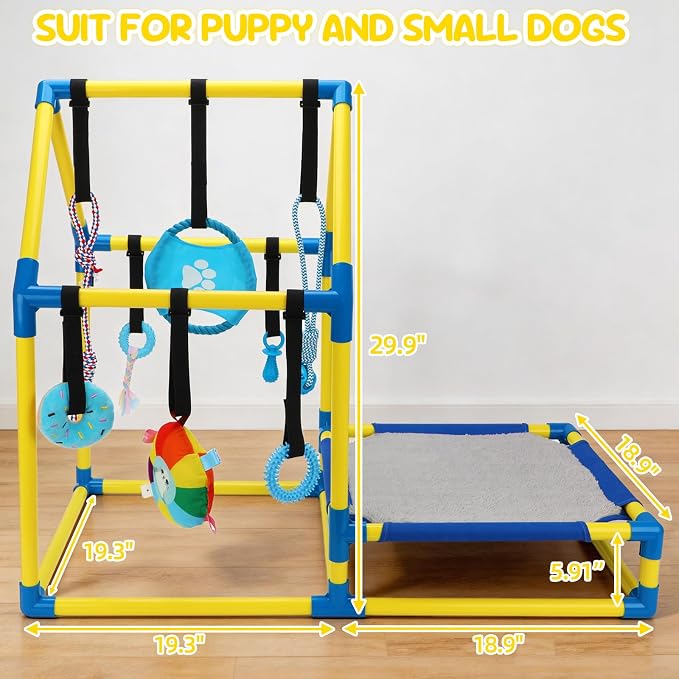 Puppy Play Gym Activity Center, Dog Indoor Jungle Gym with 8 Toys | 8 Hanging Enrichment Toys for Busy Play, Soft Mat for Rest, Non-Slip Feet, PVC Frame, Adjustable Straps, Cats and Small Pets