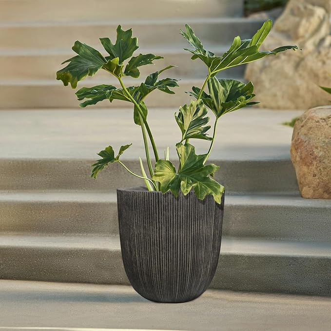 Vintage Black Faux Cement Ribbed Planter, 12.4"H Tall Tapered Egg-Shaped Plastic Plant Pot with Drainage Hole & Plug, Large Modern Indoor Outdoor Flower Pot for Home, Garden, Patio and Houseplants