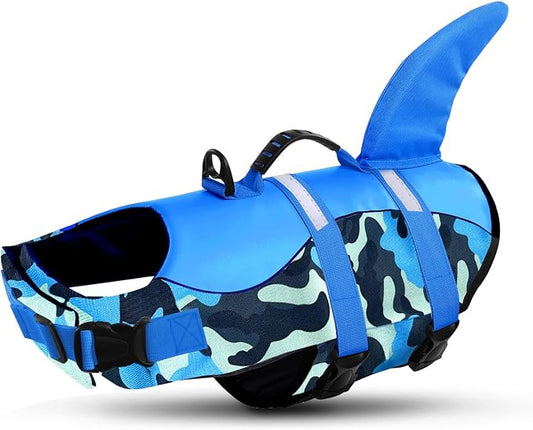 Dog Life Jacket Ripstop Dog Shark Safety Vest Adjustable Preserver with High Buoyancy and Durable Rescue Handle for Small,Medium,Large Dogs, Blue Camouflage X-Large