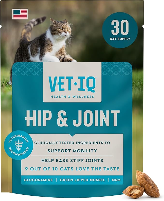 VetIQ Hip & Joint Supplement for Cats, Chicken Flavored Joint Health Supplement with Glucosamine and Green Lipped Mussel for Mobility and Arthritis Support, 3.7oz