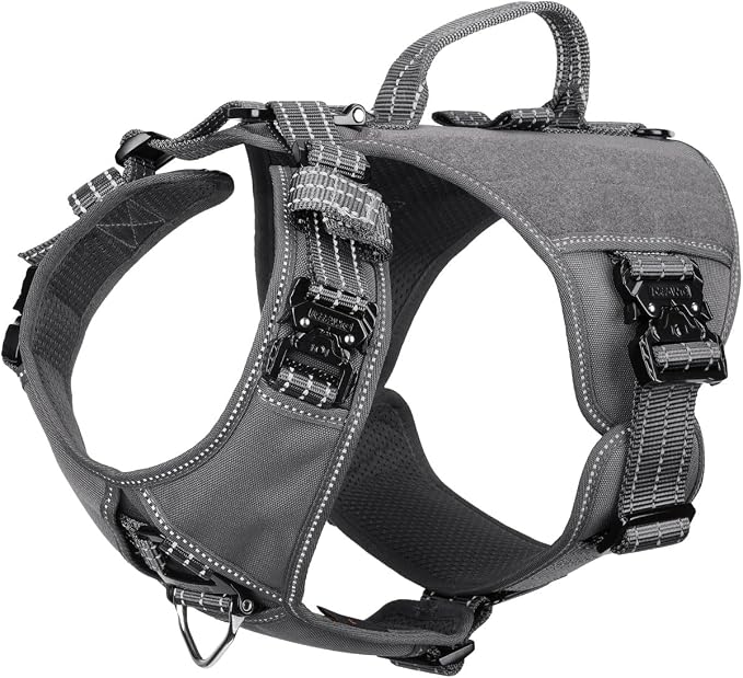 ICEFANG Quick-Moving Tactical Dog Harness for Medium Dogs,No Pull Dog Vest | Control Handle,Reflective,Full Metal Buckles,Adjustable,Hook-and-Loop Panel,Soft Padded,Grey,Medium