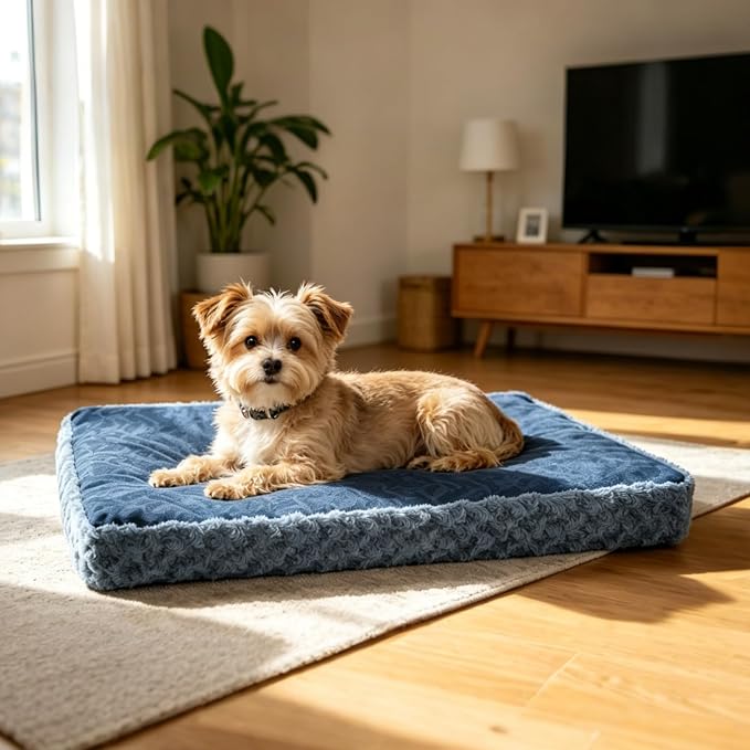 EMPSIGN Dog Bed Mat Crate Pad Mattress, Ultra Soft Pet Kennel, Navy, XXL | Reversible(Cool & Warm), Waterproof Linings, Removable Machine Washable Cover, for 48" Dog Crate, Soft Rose Plush/Canvas