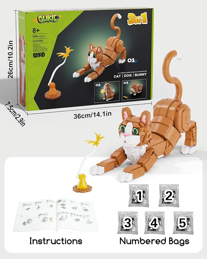 3-in-1 Orange Cat Building Set, Build a Cat, Dog or Rabbit | Build & Rebuild 3 Cute Animal Designs from One Set, Building Toy for Cat Lovers and Animal Fans, Birthday Gift Ages 8+
