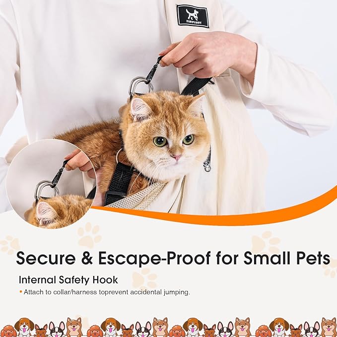 Dog Sling Carrier for Small Dogs & Cats 5-20 lbs, Adjustable Depth | Breathable Air Mesh Puppy Sling, Water-Resistant Travel Bag, Double Safety Leash, Machine Washable, Hands-Free Pouch, Apricot