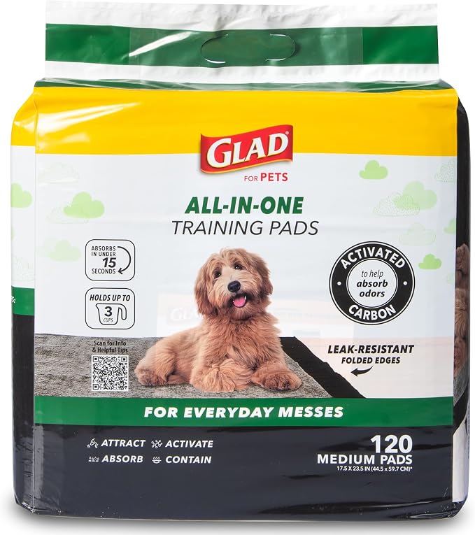 Glad for Pets Black Charcoal Puppy Pads, 17.5 x 23.5 Inch, 120 Count, 2-Pk | Super-absorbent core, disposable design, 17.5x23.5 in, potty crate and indoor training