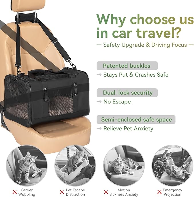 Petsfit Large Cat Carrier for Car Travel, Patented Seat Belt Buckle, 20 lb