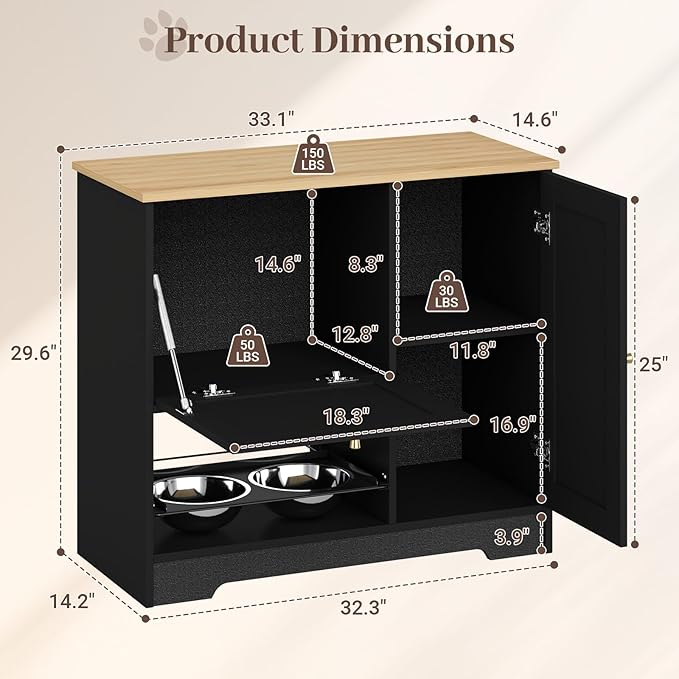 Rovibek Dog Feeding Station with with 2 Elevated Dog Bowls, Dog Food Storage Cabinet with with Storage and Hooks, Hidden Pet Feeder Station Wood for Cats and Dogs, Black