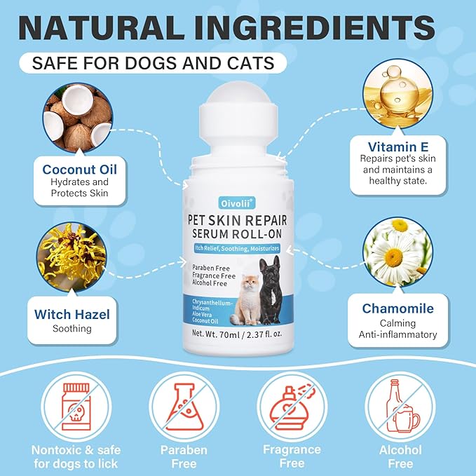 Dog Skin Repair Roll-On Serum – Natural Hot Spot & Red Spot Relief with Coconut Oil – Soothes Itchy, Dry & Irritated Skin, Supports Fur Regrowth – Lick-Safe, No-Rinse Pet Skin Care for Dogs & Cats