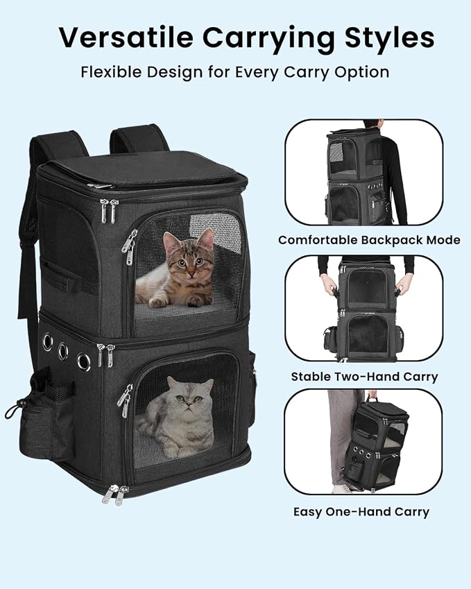 HOVONO Double Cat Carrier Backpack for 2 Cats or Small Dogs,Large Space | 2-in-1 Dual Compartment Pet Backpack Carrier up to 18 lbs, Ventilated Design for Traveling/Hiking /Camping/Vet Visits, Black