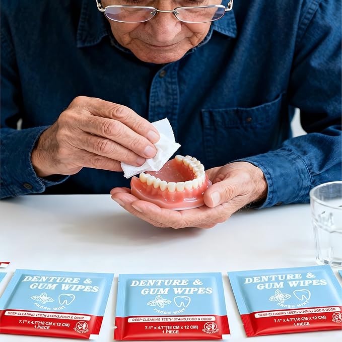 Denture Cleaner Wipes Disposable Teeth Gum Retainer Wipe Oral Care, Tooth Gums Cleaning Dental Dentures Tablets, Denture Adhesive Food Debris Braces Stain Odor Remover for Adults Elderly Mint 100 Pcs
