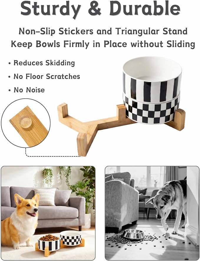 TRUVIC Ceramic Dog Bowl Set of 2 with Wood Stand, Black and White Checkered & Striped Dog Food and Water Bowl Set, 3.5 Cup/28 oz Elevated Puppy Food Bowls for Medium Dogs, Dishwasher Safe